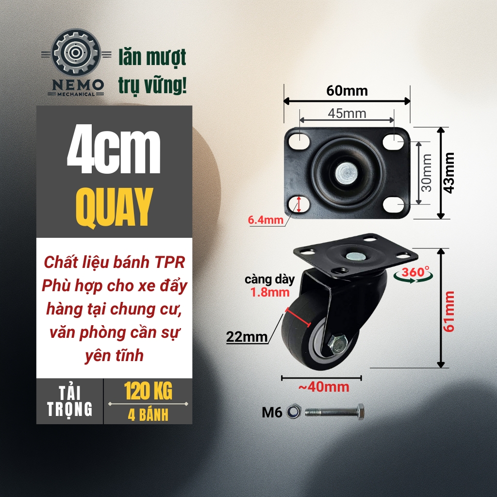 Bánh xe TPR chống ồn, có bạc đạn, tải cao dùng cho xe đẩy di chuyển không gây ồn